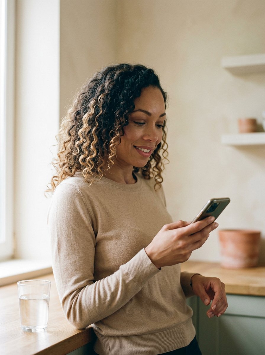 A woman at a kitchen counter, reading something on her phone with a small smile